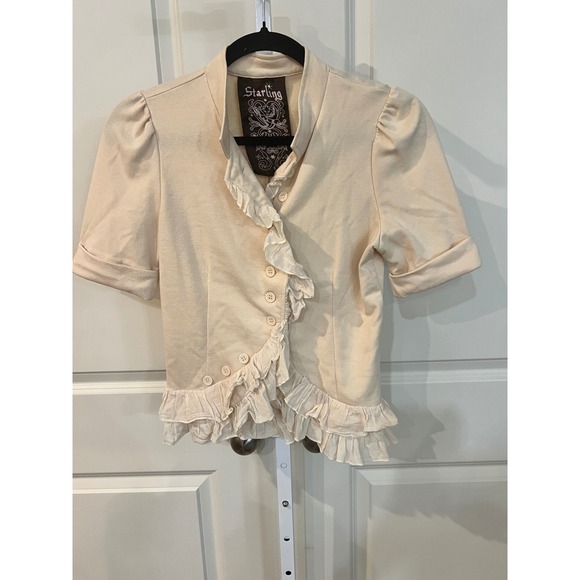 Starling Tops - Vintage Starling Cream Ruffle Button Up Top Puff Sleeve Victorian Cottagecore S